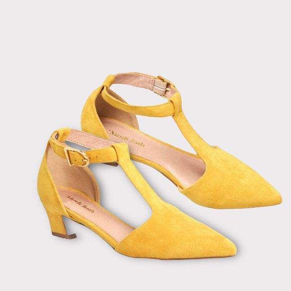 Modcloth Shoes - ModCloth Yellow Suede Tarzan T Strap Pointed Toe Short Heels Size 9